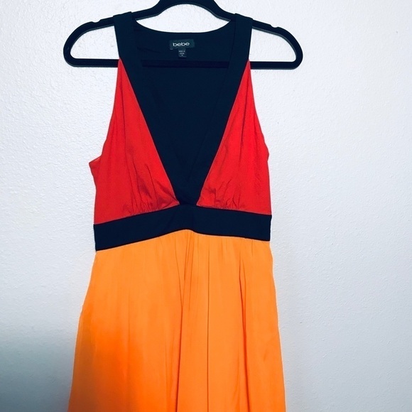 Bebe Orange Black Red Colorblock Asymmetrical D46 - Picture 2 of 7